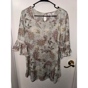 Stem & Vine 1X Paisley Bell Sleeve V Neck Tunic Top Women's Light Blue